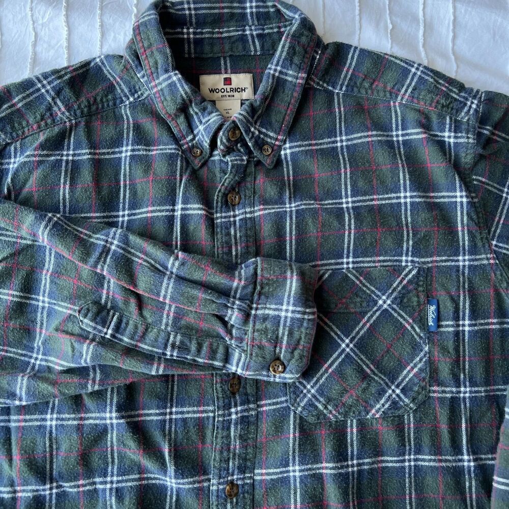 Vintage Woolrich Flannel Shirt Mens XL Green Navy Plaid Heavy Button Down Oversh